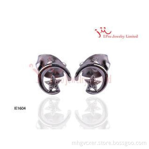Cute Moon And Stars Silver CZ Stud Earrings For Kids , Lady